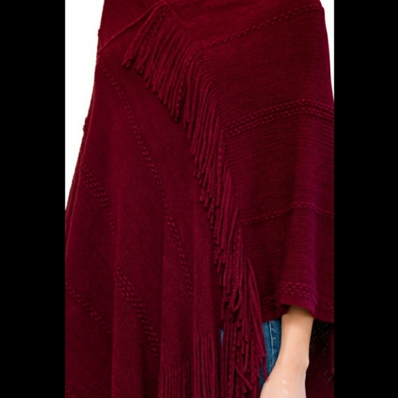 Wine Red Poncho w/ Tassles - Picture 4 of 4